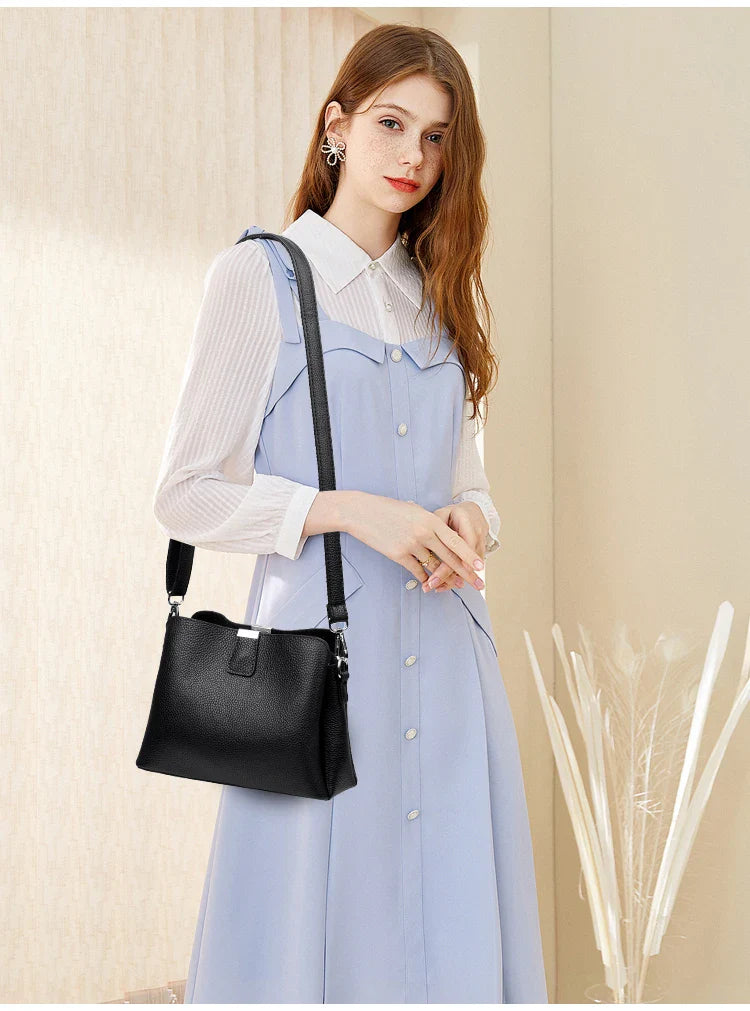 100% cowhide Bag Casual Women Hobos Handbags Bucket Bags New Women's Fashion Handbags Retro Solid Color Leather Shoulder wallet