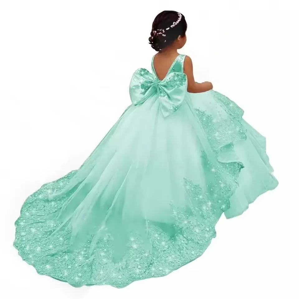 Customized Flower Girl Dress for Wedding Suspenders with Bow Satin Ball Gown Kids Birthday First Communion Party Dress