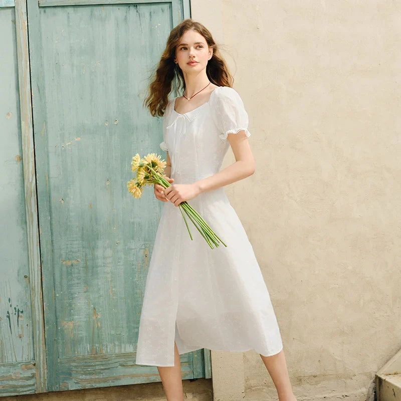 Dress Women Embroidered Elegant 2025 New Summer Lace-trimmed Collar Puff Sleeve Little White Dress for Summer