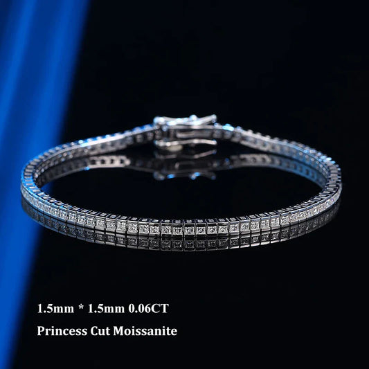 Bracelet Tennis Moissanite Taille Princesse 1,5 mm 2 mm Couleur D pour Femme Homme Argent 925 Test Diamant Réussi Bracelets à Maillons