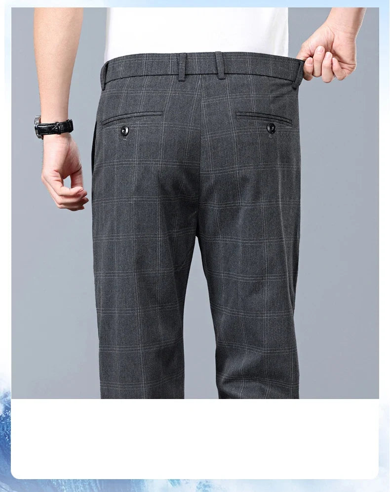 Summer Thin Plaid Formal Stretch Pants Men Slim Business Grey Black Casual Pant Fashion Male Clothing England Trousers