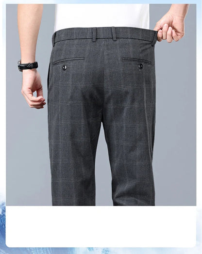 Summer Thin Plaid Formal Stretch Pants Men Slim Business Grey Black Casual Pant Fashion Male Clothing England Trousers