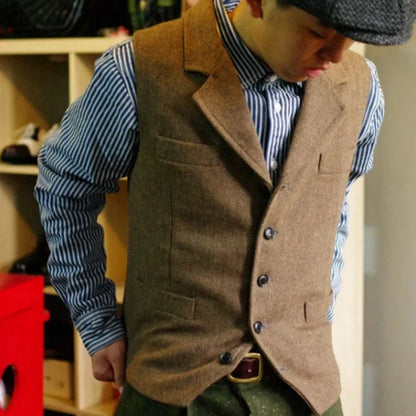 Men Vest Brown Single Button With Lapel Solid Waistcoat For Wedding Banquet Business Office Work Casual Daily Men Suit Vest