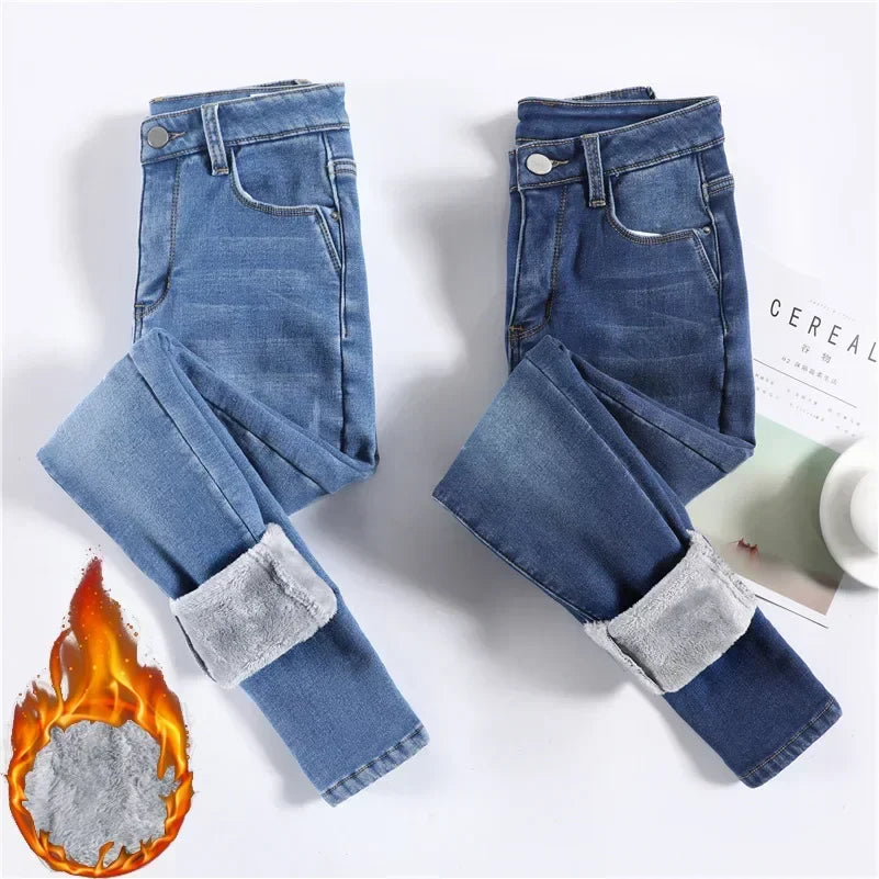 Women Thermal Jeans Winter Snow Warm Thickened Fleece Stretch Skinny Pencil Pants Fashion Korean Slim Fit Velvet Plush Pants