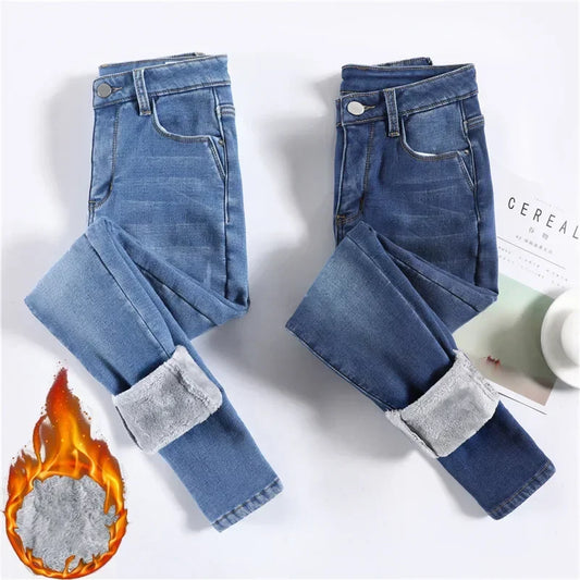 Women Thermal Jeans Winter Snow Warm Thickened Fleece Stretch Skinny Pencil Pants Fashion Korean Slim Fit Velvet Plush Pants