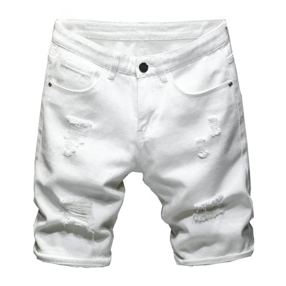 New White Jeans Shorts Men Fashion Ripped Knee Length Pants Simple Casual Slim Hole Denim Shorts Male Streetwear