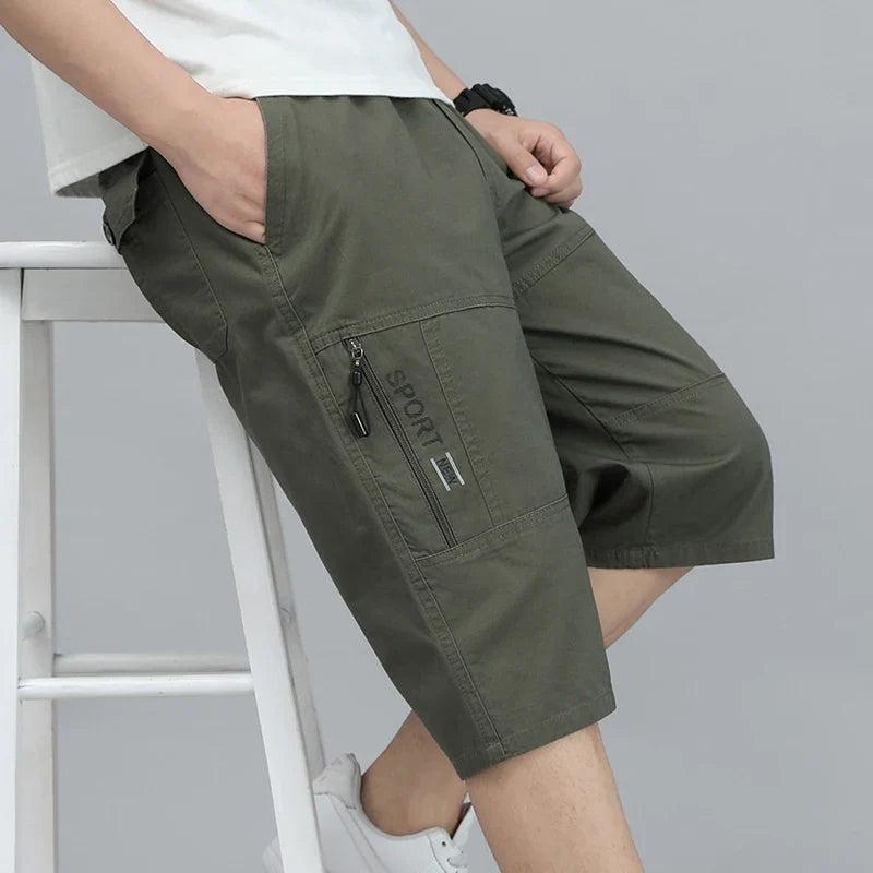 Men Cropped Cargo Shorts Men's Casual Sports Pants Zipper Pocket Summer Cotton Shorts Running Jogger Shorts Elastic Waist