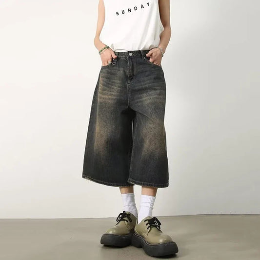 Vintage Y2k Baggy Denim Shorts Wide Leg Pants For Women&Men Fashion High Waisted Wash Knee Length Jeans Shorts Oversize Pants