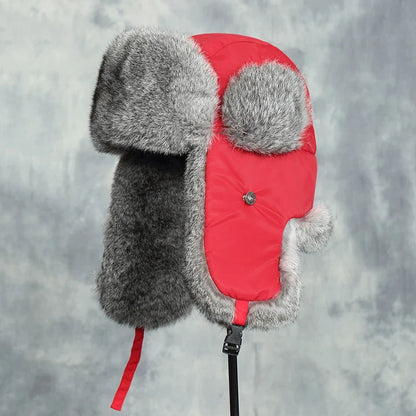 Russia Winter Real fur Hat Unisex Outdoor Windproof Super Warm Real Rabbit Fur Bomber Hats Natural Soft Natural Rabbit Fur Caps
