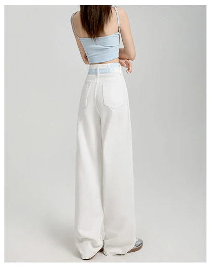 Loose Casual Wide Leg Denim Pants Summer New Thin 100% Cotton Women's High Waist Y2K Contrast Stitching All Match Baggy Jeans