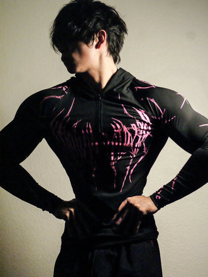 2026 Spring Summer New Men's Black Hooded Sports Compression Long Sleeve Shadow Style Street Subcultural Style