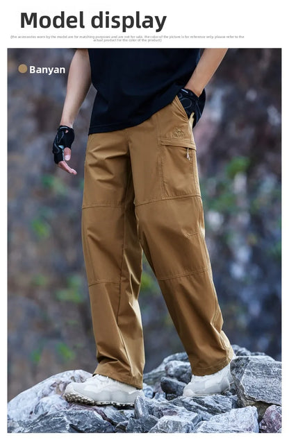 Men's Outdoor Hiking Pants 2026 Summer Sports Waterproof Straight Paratrooper Light Loose Mountaineering Pants