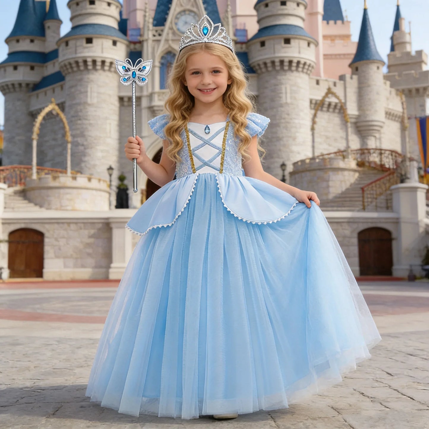 Girls Deluxe Elegant Cinderella Princess Ball Gown Children Birthday Party Dress Vestidos Cosplay Costume Carnival Apparel
