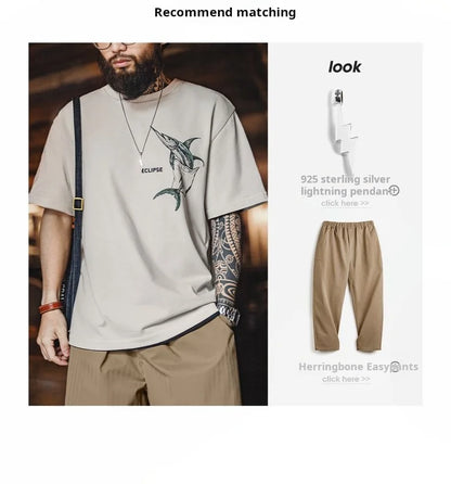 Casual Printed Short Sleeve T-Shirt Men's Summer Loose Fit Heavyweight Cotton Ribbed Round Neck Tee  Versatile Street Tops