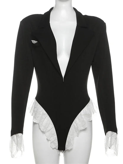 Lace Fashion Suit Jumpsuit Female Blazer Body Top V-Neck Slim Long Sleeve Sexy Cardigan Streetwear Women Black Rompers New