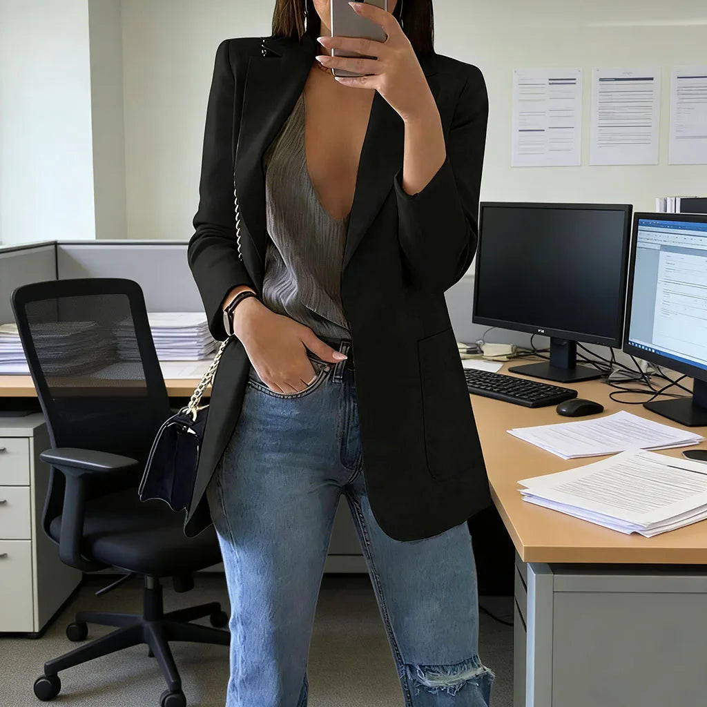 2026 Elegant jacket Women's Suit Single office Casual British Professional Women's Buttonless suit collar pocket simple coat top
