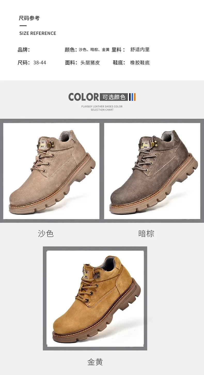 Men Genuine Leather Boots Men's English Style Thick Bottomed Work Clothes Shoes Winter Outdoor Mid Top Men's Boots