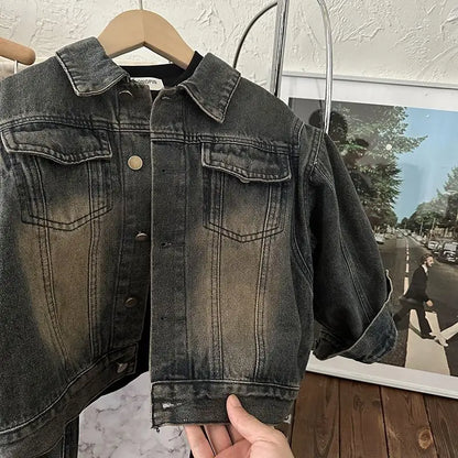 Children's Korean Spring Autumn New Retro Matte Coat for Boys and Girls Korean Loose Cowboy Two Piece Set outfits