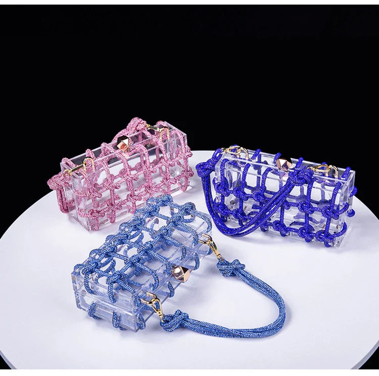 New Diamond Clear Acrylic Box Evening Clutch Bags Women Boutique Woven Knotted Rope Rhinestone Purses And Handbags Wedding Party