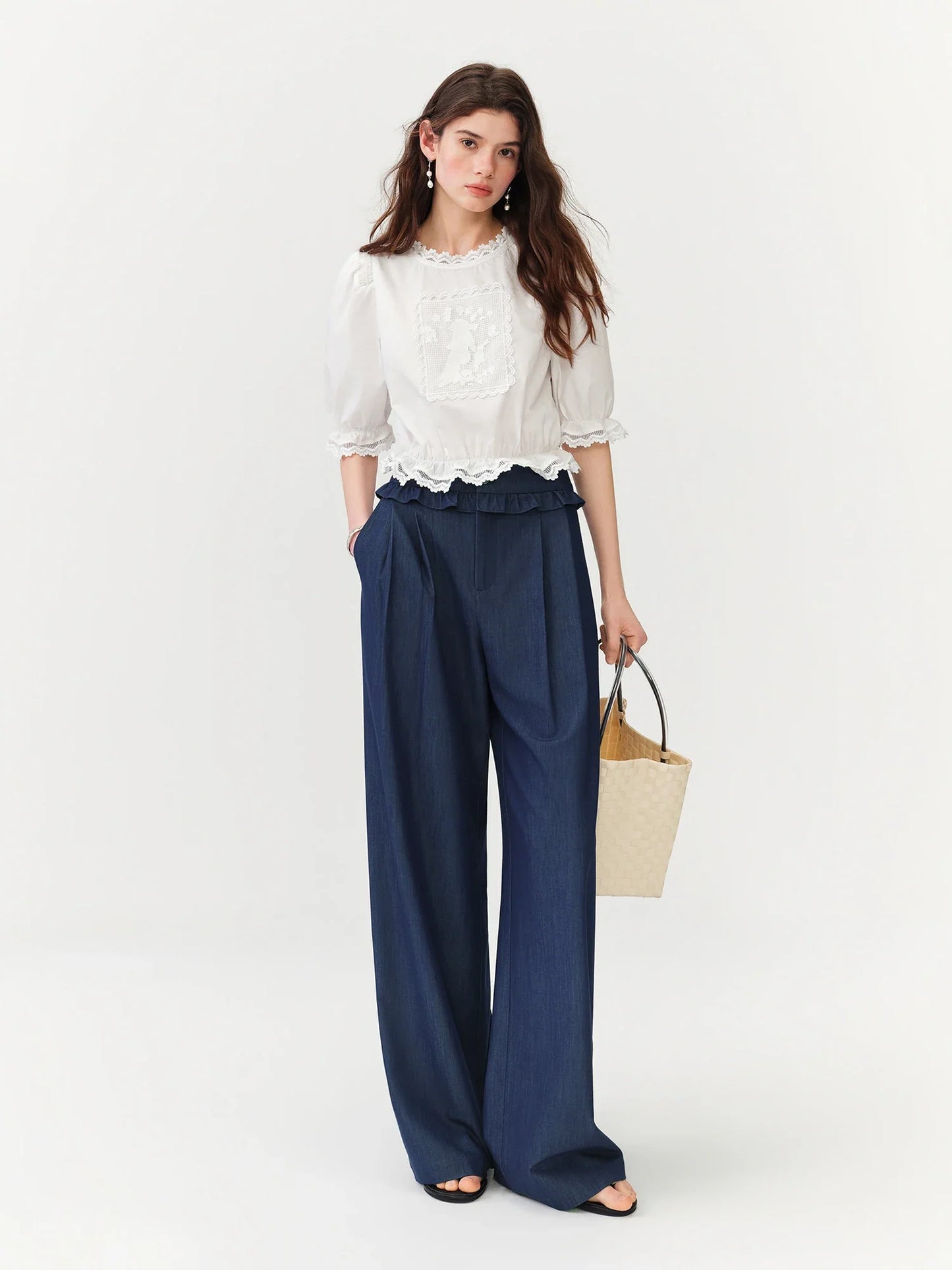 French Retro Puff Short Sleeve Round Neck Blouse for Women Summer Elegant Ins Chic Cropped Tops Cotton White
