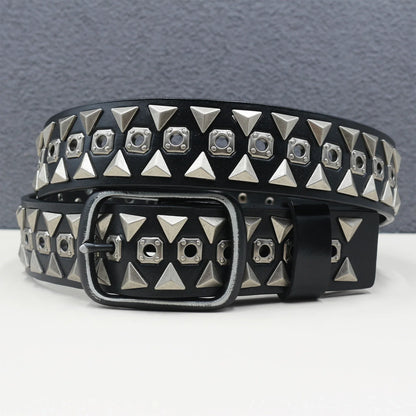 Rock Genuine Leather Luxury Punk Belt Jeans Heavy duty Hollow manual  Designer Brand Belt Men Rivet Three-pin buckle Belt Male