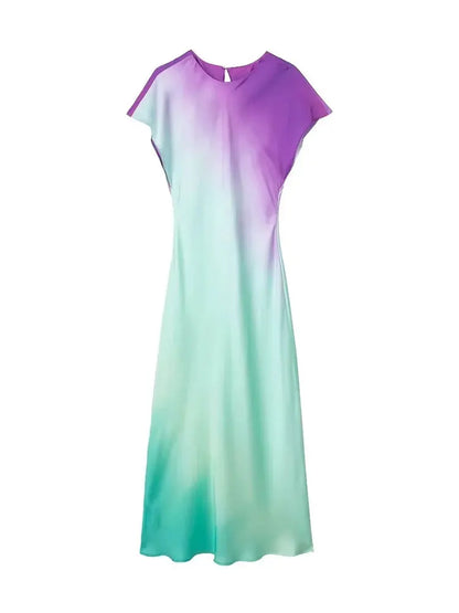 Women's Fashion Print Short Sleeve Dress Vintage Tie Dye O-Neck Midi Dresses Spring