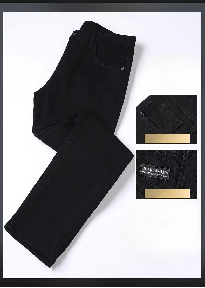 Winter Men Black Straight Stretch Denim Thick Velvet Pants Warm Jeans Casual Fleece Line Trousers Male Plus Size