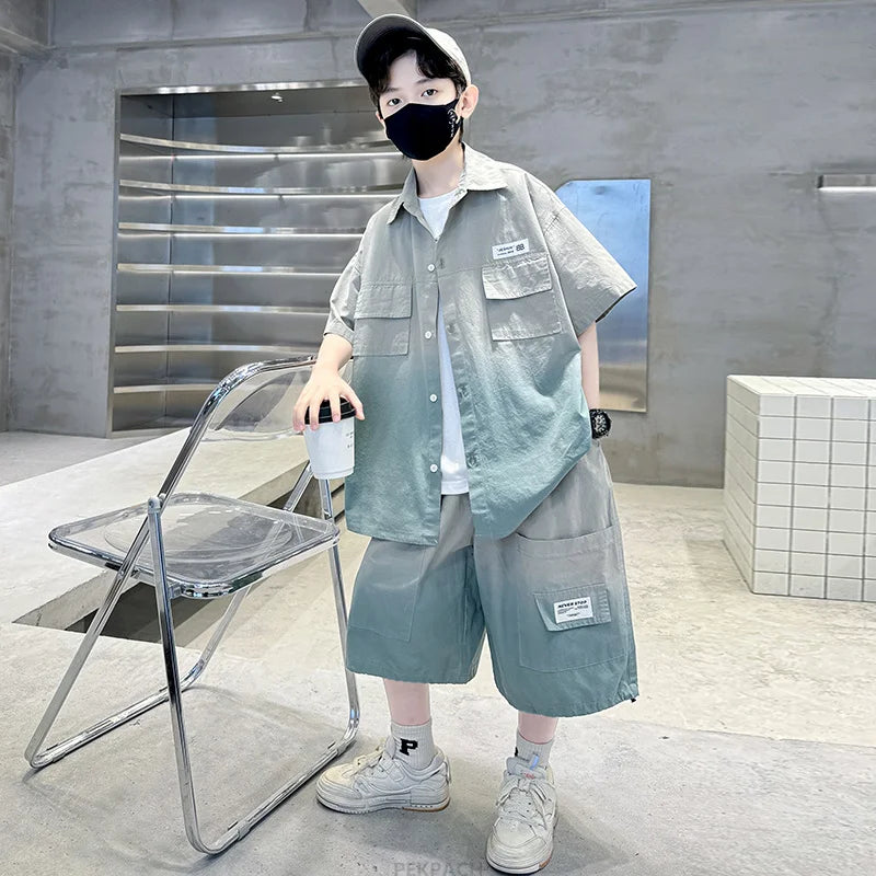 Loose Style Child Pocket Outfit Suit Cool Big Boys Summer Clothes Set Teens Kids Shirt+Shorts 2PCS Clothing Set Gradient Costume