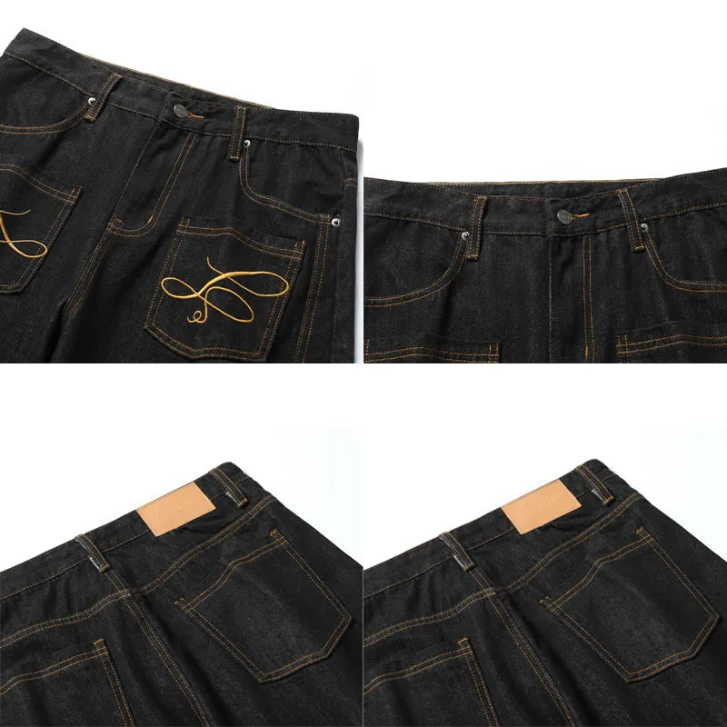 Korean Spring And Autumn Men'S Embroidered Curved Knife Jeans Wide Leg Pants Low Waist Casual Loose Straight Leg Pants