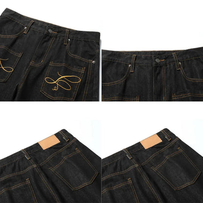 Korean Spring And Autumn Men'S Embroidered Curved Knife Jeans Wide Leg Pants Low Waist Casual Loose Straight Leg Pants