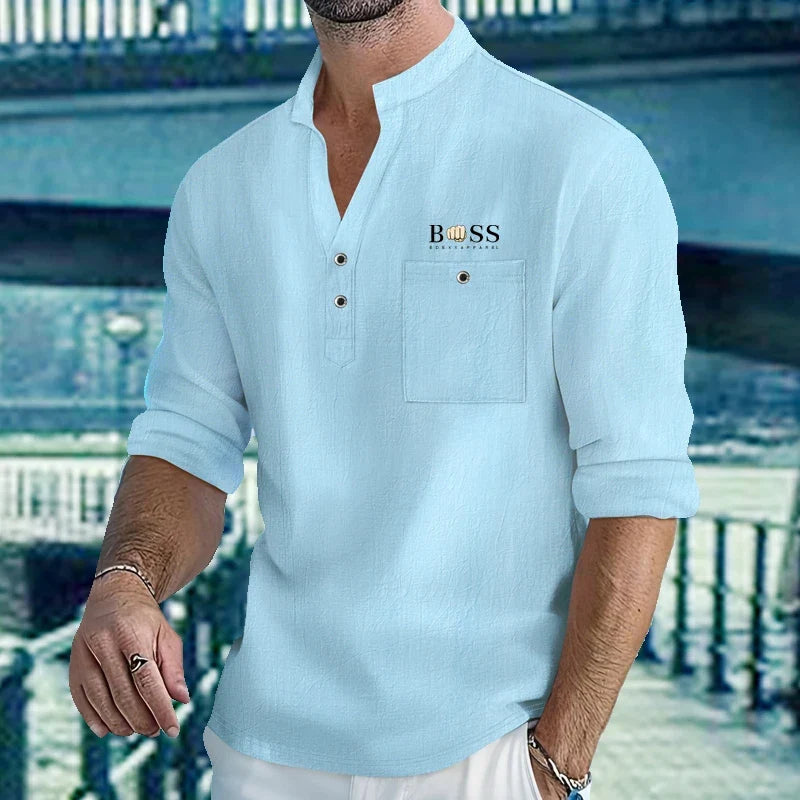 Men Mandarin Collar Long Sleeve Henley Cotton Linen Shirt With Chest Pocket Breathable Lightweight Beach Travel Daily Casual Top