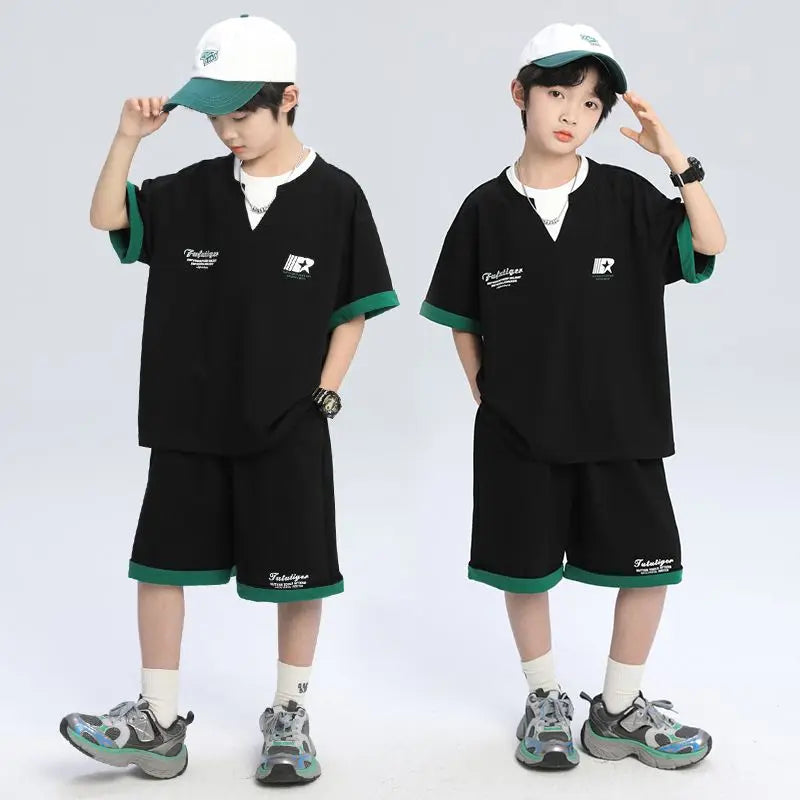 Sporty Korean Children's Clothes 2025 Boys Sets Tracksuit for Boy Top Shirts Tops Home Clothing 10 14 Years Kids Summer Set Suit