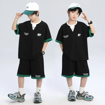 Sporty Korean Children's Clothes 2025 Boys Sets Tracksuit for Boy Top Shirts Tops Home Clothing 10 14 Years Kids Summer Set Suit