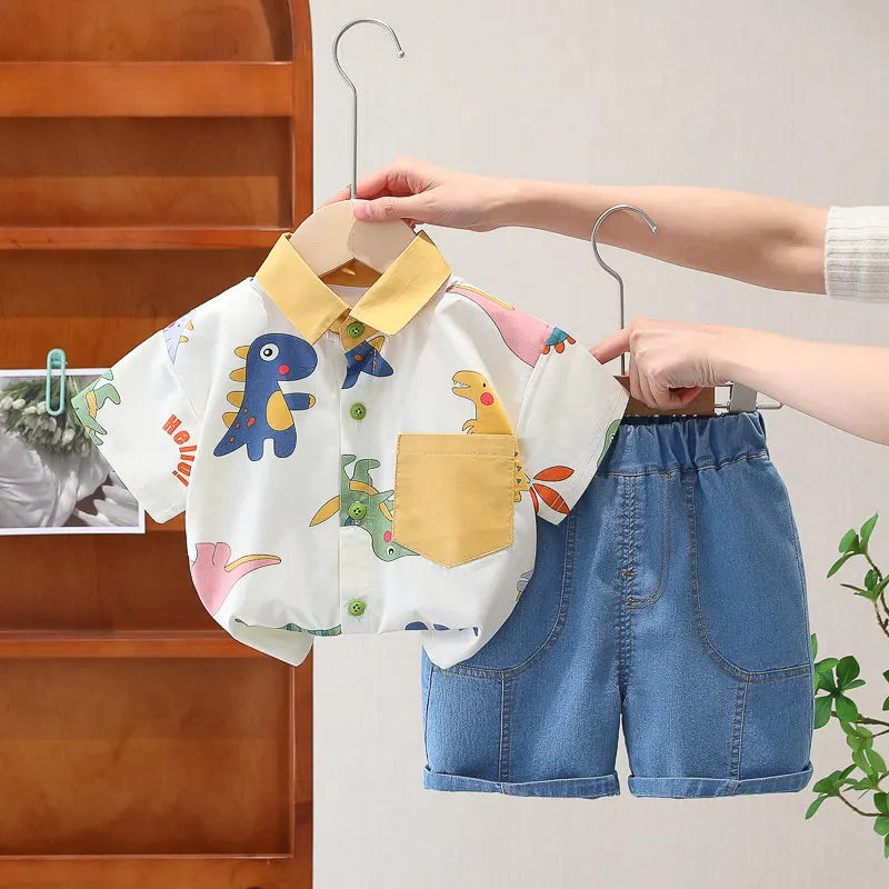 Cotton Clothes Kids Boy Summer Children Print Dinosaur Shirts Denim Shorts 2Pcs/Set Kids Fashion Toddler Tracksuits 0-5 Years