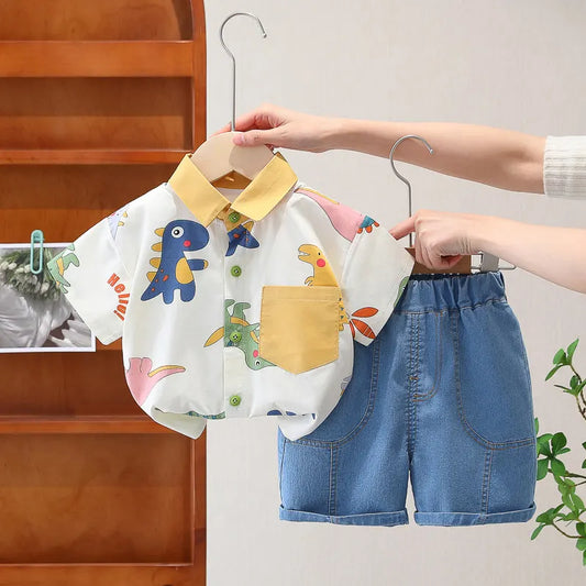 Cotton Clothes Kids Boy Summer Children Print Dinosaur Shirts Denim Shorts 2Pcs/Set Kids Fashion Toddler Tracksuits 0-5 Years
