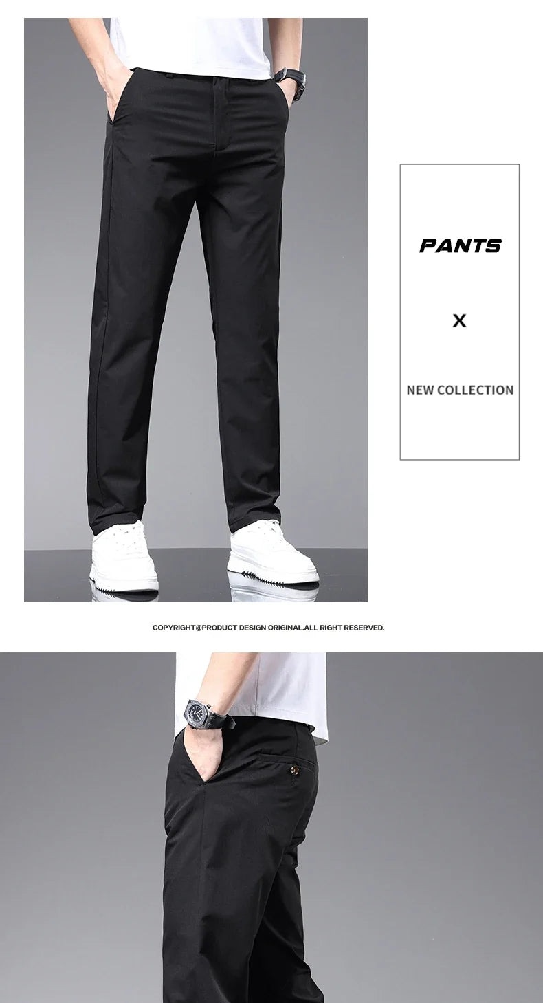 Spring Summer Thin Men's Slim Casual Pants Solid Color Elastic Waist Soft Breathable Business Straight Trousers Black Beige Gray