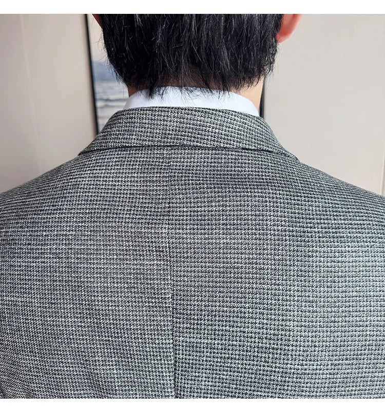 Bright Silk Thousand Bird Grid Suit Jacket Korean-style Business Fashion Slim Fit Single Breasted Men Social Party Dress Coats