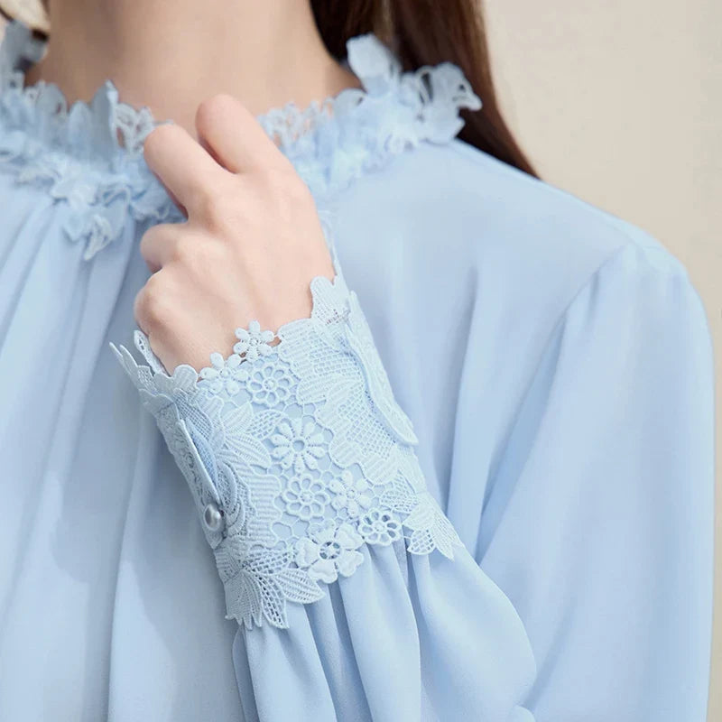 Women's Blouse 2026 Autumn New Elegant Commuter Lace Splicing Chiffon Shirt O-Neck Loose Pullover Tops For Woman 12621067