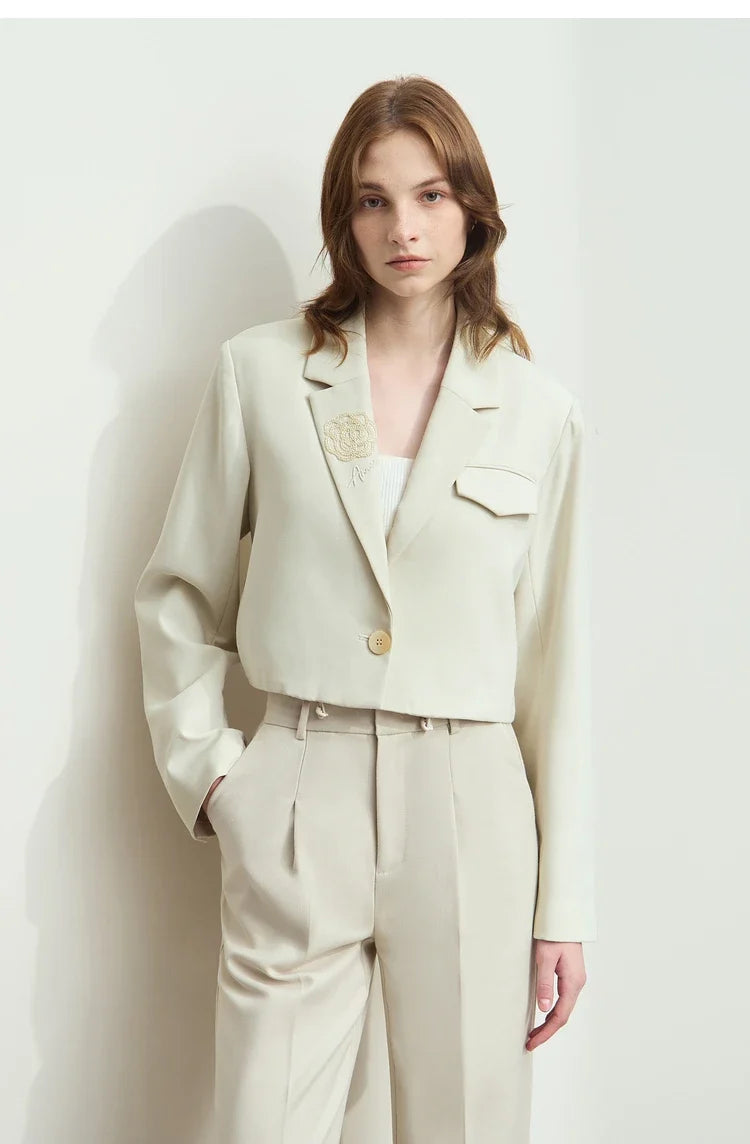 2026 Short Jacket Women's Shoulder Padded Suit Collar Rose Beaded Embroidery Autumn Long-sleeve Commuter Top 12521069