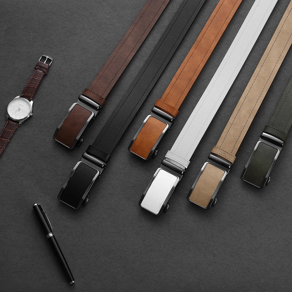 Men's Leather Belt Men's High-quality Business Belt Automatic Buckle Fashionable Ratchet Belt Can Be Adjusted Freely 2PCS