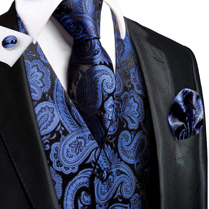 Jacquard Silk Mens Waistcoat Tie Set Sleeveless Jacket Necktie Hanky Cufflinks Suit Gold Blue Black Vest Wedding Business