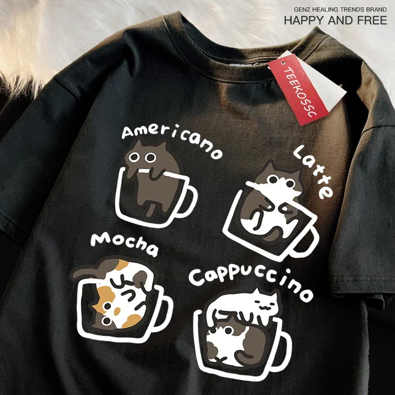 American Style Coffee Cat Japanese Style Tshirts Man Casual Breathable Cotton Loose Summer T-Shirt Loose Cotton Oversize T Shirt