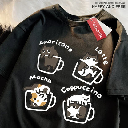 American Style Coffee Cat Japanese Style Tshirts Man Casual Breathable Cotton Loose Summer T-Shirt Loose Cotton Oversize T Shirt