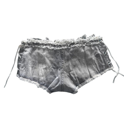 New Korean Summer European American Fashion Sexy Low Waist Ripped Rough Edge Women's Denim Shorts Slim Fit Slimming Hot Pants