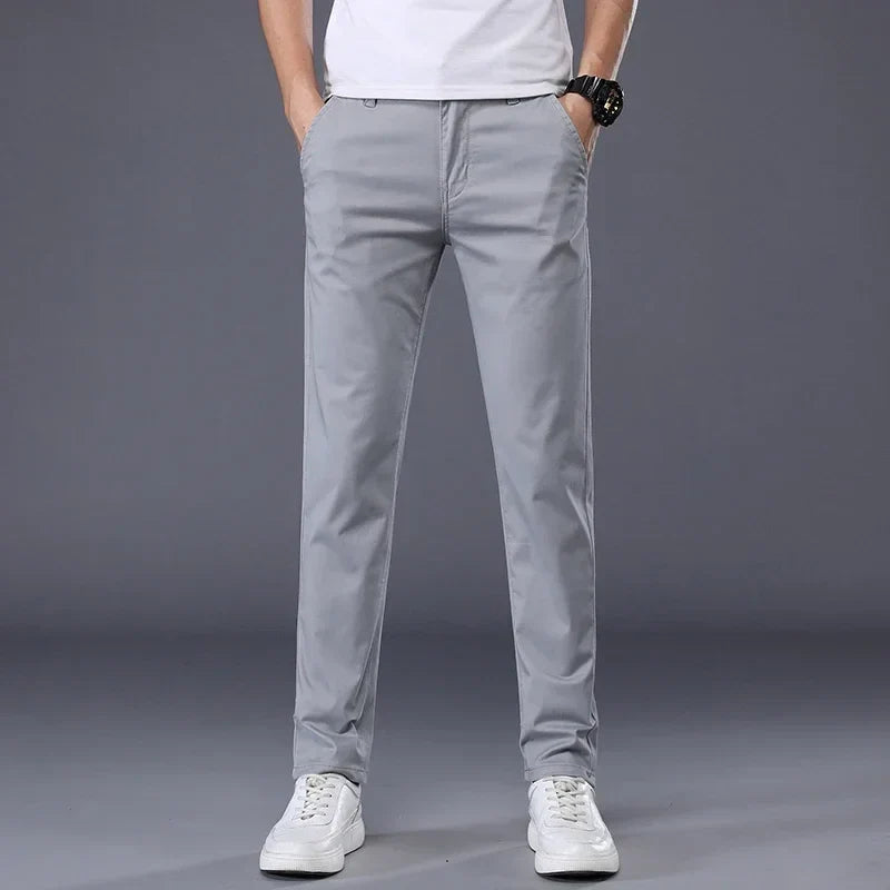 Summer Thin Men's Casual Pants Cotton 7 Colors Classic Style Elastic Straight Slim Fit Business Fashion Long Trousers Male