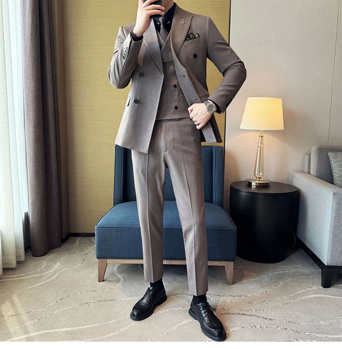 ( Vest + Pants) Double Breasted Stripe Suit Vest With Pants New Men Fashion Slim Business Casual Wedding Dress Vest 2 Pcs Sets