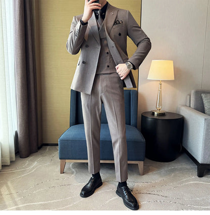 ( Vest + Pants) Double Breasted Stripe Suit Vest With Pants New Men Fashion Slim Business Casual Wedding Dress Vest 2 Pcs Sets