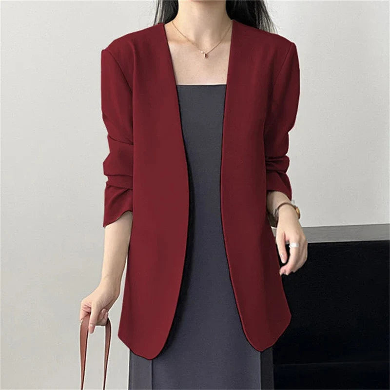 Fashion New Solid Casual Joker Women's Blazer Spring Autumn No Placket Cardigan Suit Jackets V-neck Long Sleeve 19-Color Coats