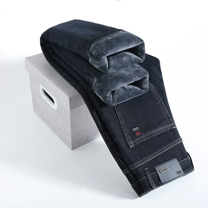 Winter Fleece Thick Warm Jeans Classic Brand Business Casual Men's Fitted Straight Stretch Mid-high Waist Denim Jeans