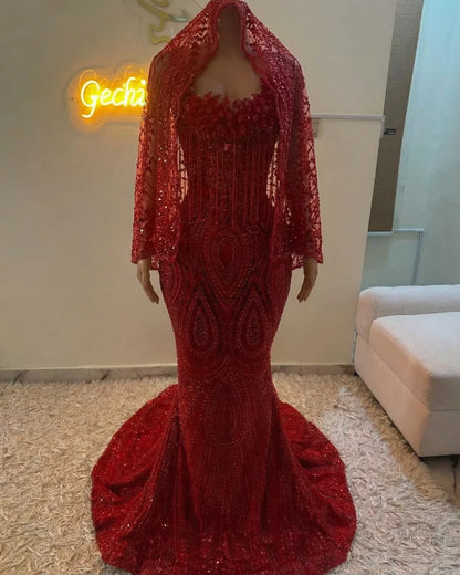 Red Diamonds Luxury Women's Evening Dresses 2026 With Veil Beading Crystals Tassels Formal Prom Dress Wedding Party Customized